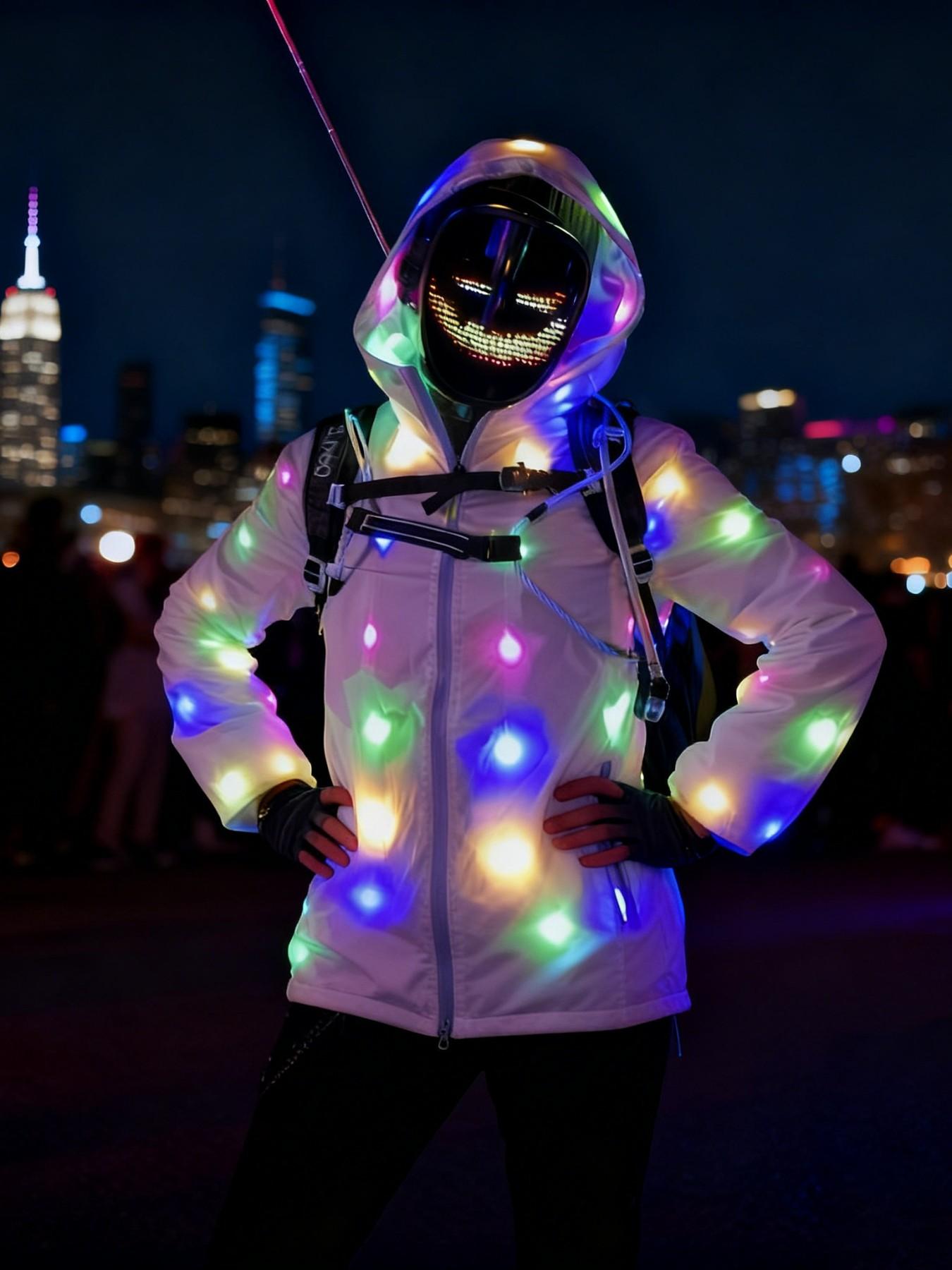 Men's LED Glow Hooded Sun Protection Jacket, Fashionable Reflective Design, Soft Comfort, All-Season Party Outerwear, Music Festival Style