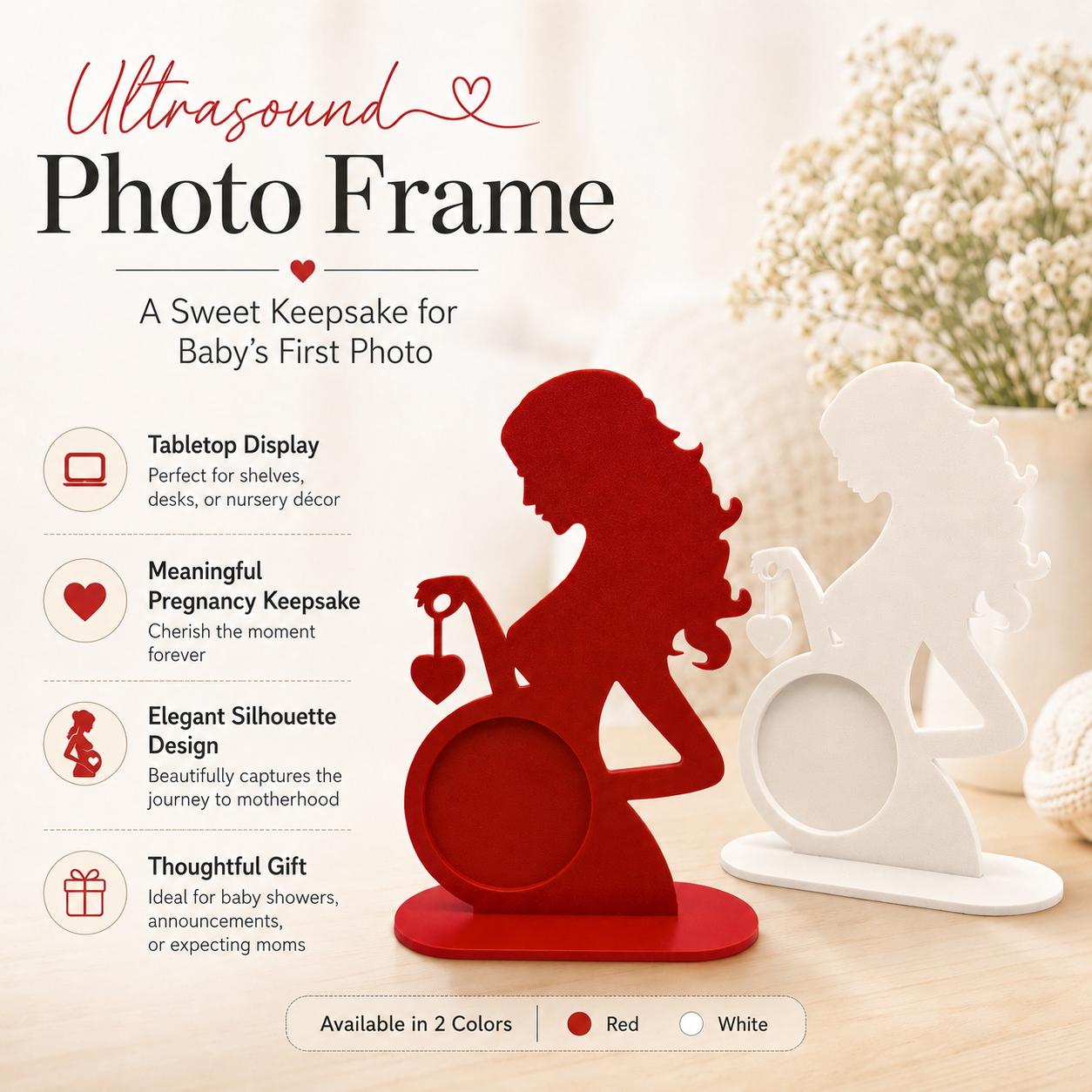 Pregnancy Ultrasound Photo Frame for Expecting Mom, Mother Silhouette Sonogram Picture Holder with Heart Charm, Baby Shower Gift, Pregnancy Keepsake & Nursery Tabletop Decor