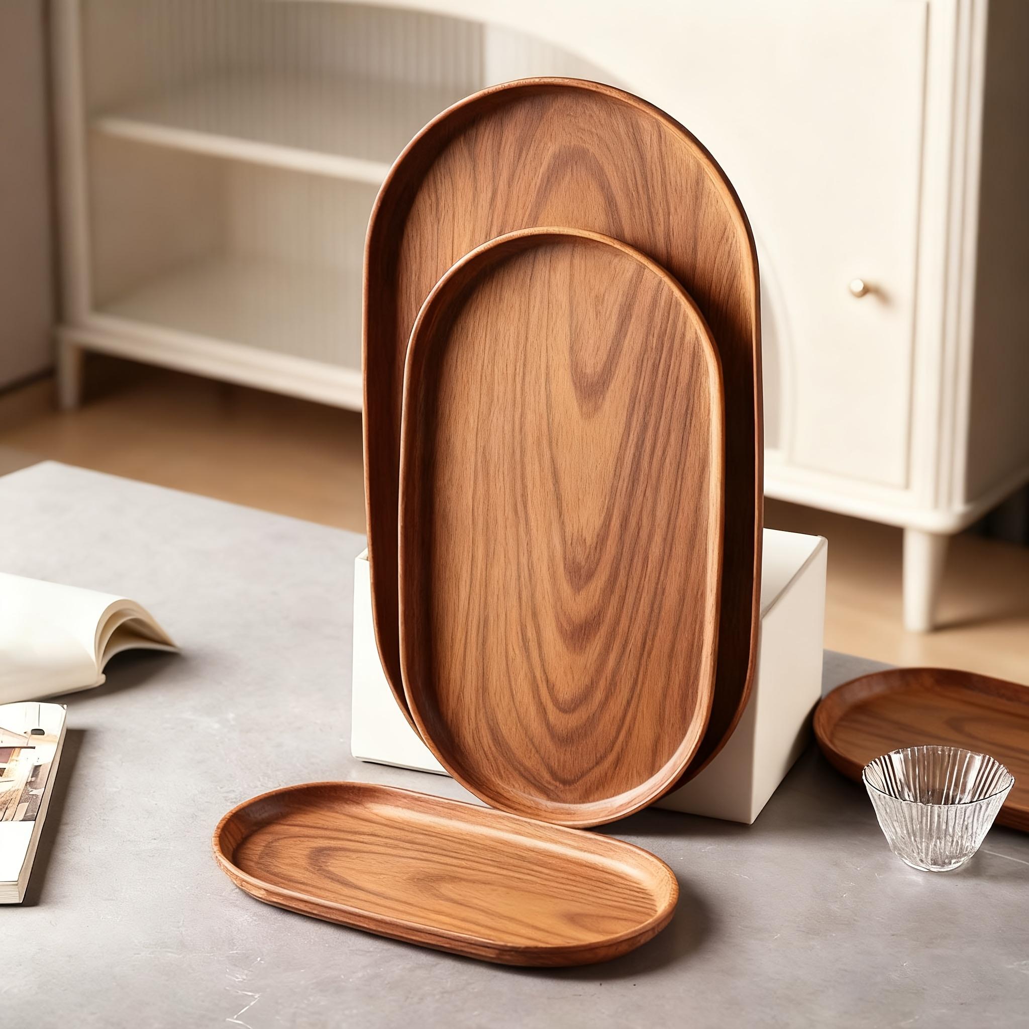 3 Piece Large Tray Set, Snack Trays, Tea Cup Trays, Salad Serving Plates, Faux Wood Grain Modern Design, Stackable Reusable Plastic Trays, Easy Clean