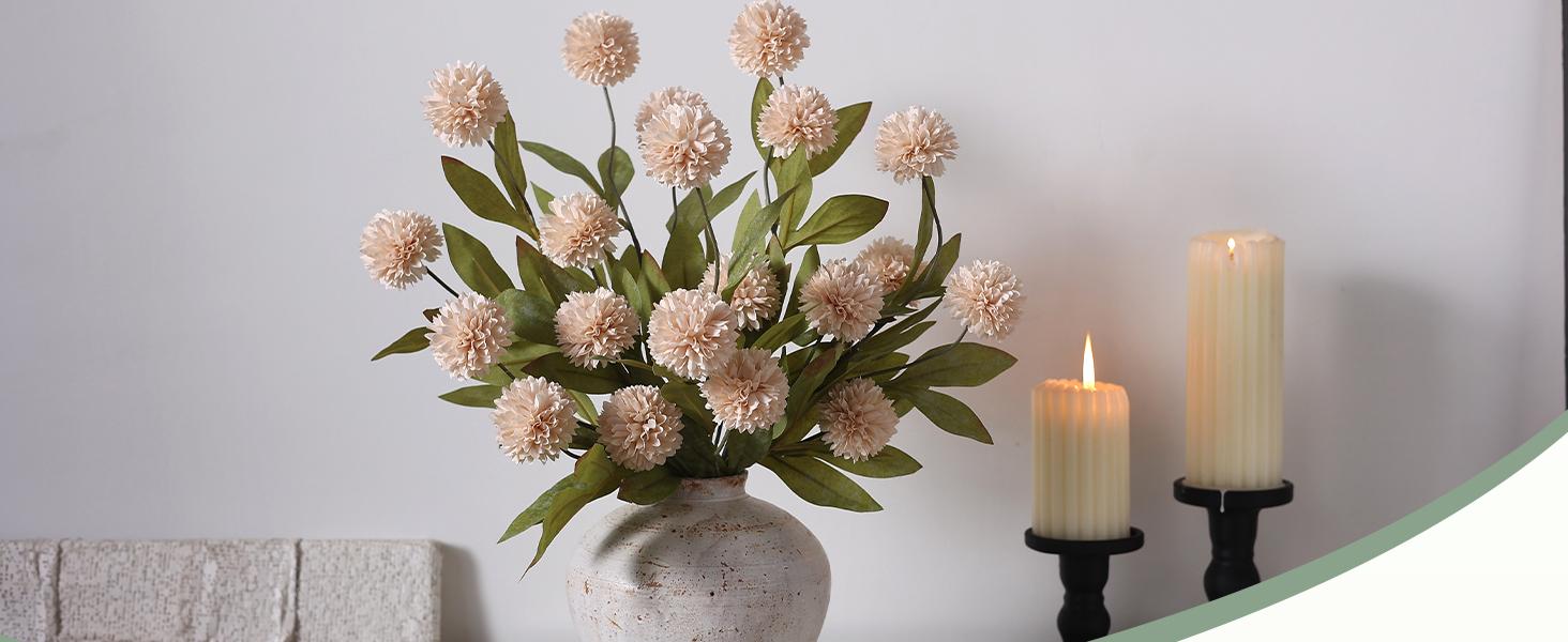 12 Pcs Faux Silk Pompon Mum Artificial Flowers for Vase -27", Bulk Fake Chrysanth Branches with Stems for DIY Bouquet Centerpieces Wedding Fillers Arrangements Shower Decorations (Beige)