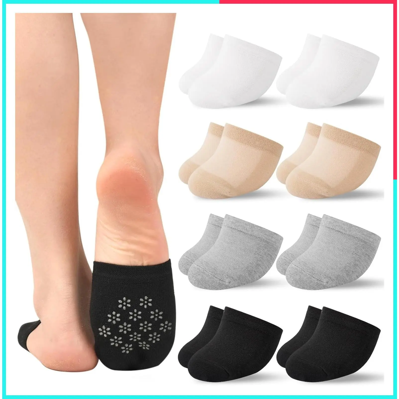 Women's Toe Socks No Show Liners Non Slip Invisible Cotton Breathable for Mules Clogs Loafers Slip-On, Black Beige White Tan, 4 to 8 Pairs