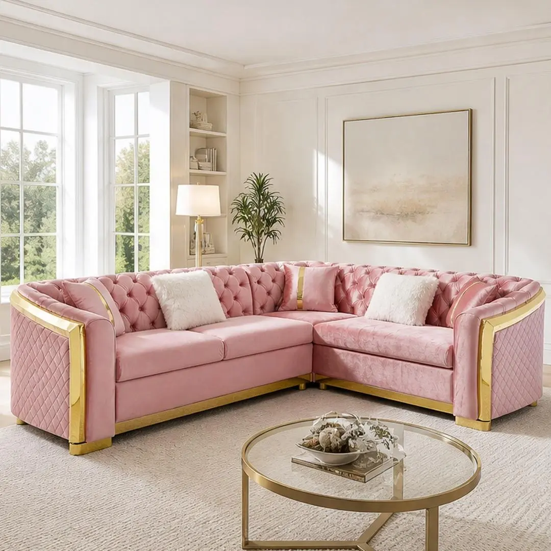 106-Inch L-Shaped Chesterfield Sectional Sofa with Gold Stainless Steel Accents, Pink Velvet Button Tufted Couch with 5 Pillows for Living Room