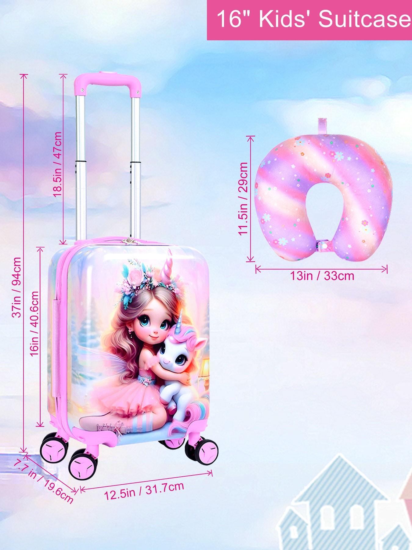 1 Set Kids Luggage Set, Cute Princess & Unicorn Print Hard Shell Suitcase with U-Shaped Neck Pillow, Lightweight Rolling Carry On Luggage for Girls, Travel Trolley Case for School Trip, Vacation, Airplane
