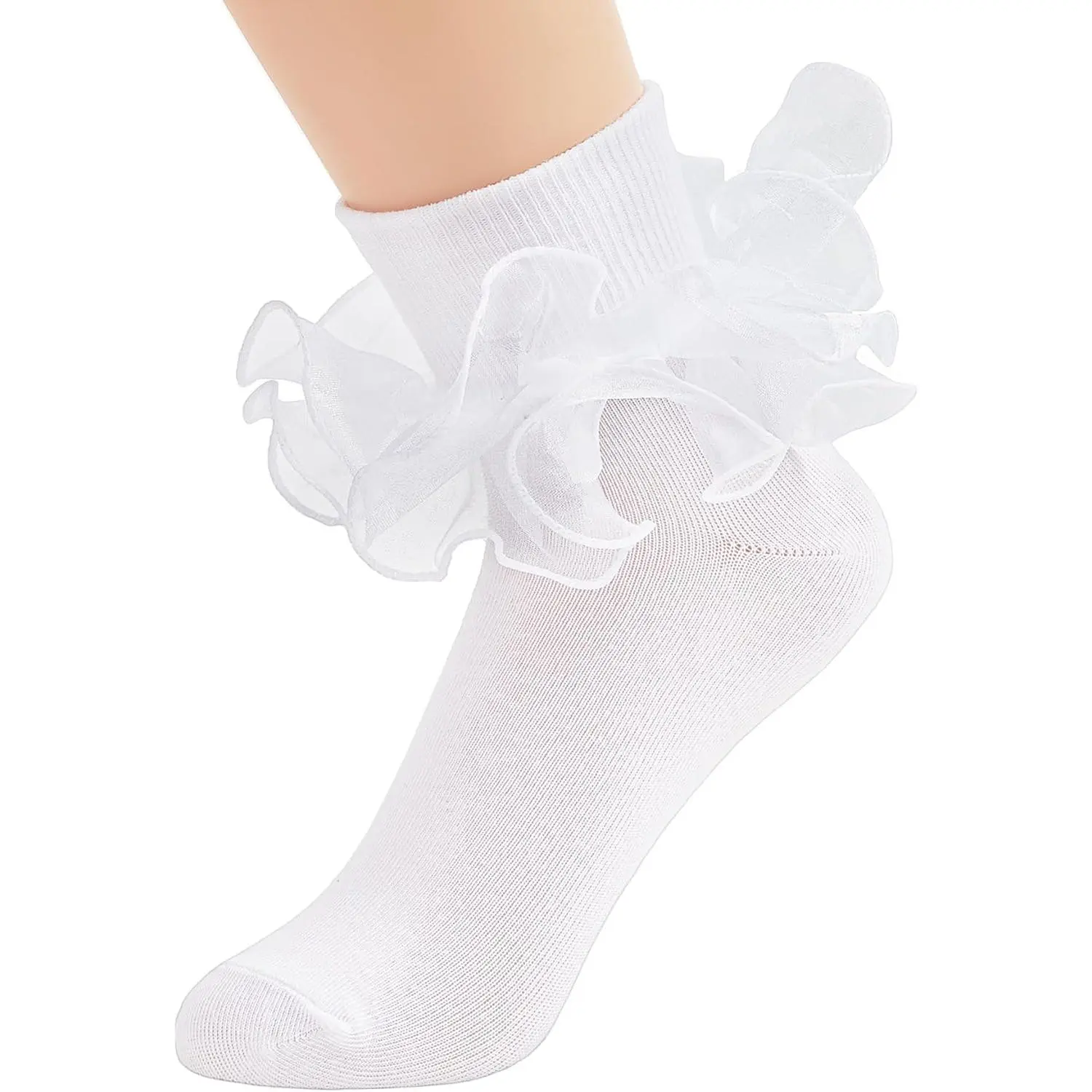 Big Ruffle Ankle Socks Lace Frilly Cotton Socks for Women Girls| Double lace ruffle, 100% soft breathable cotton, elastic cuffs, 80s retro bobby socks, for daily wear, parties, cosplay