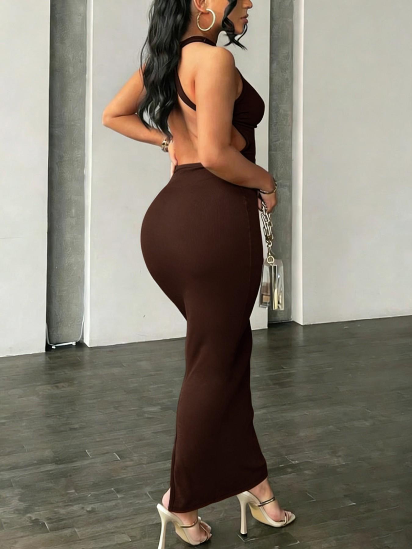 Women's Sexy Chic Off-Shoulder Midi Dress, Backless Criss Cross Design, Split Hem, High Stretch Fabric, Casual Long Sleeveless Dress