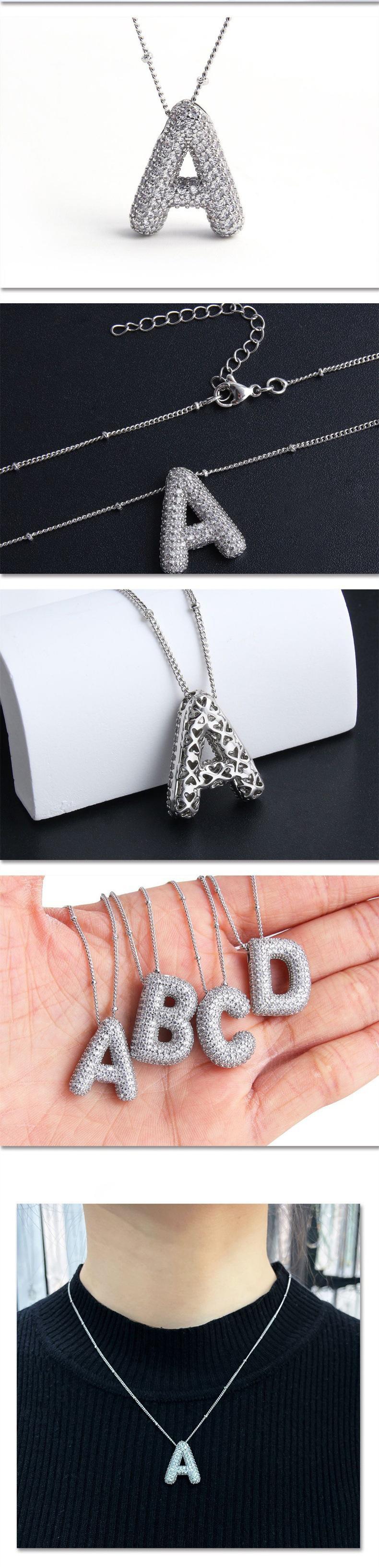 Trendy Silver Plated Initial Bubble Letter Necklace, Rhinestone Decor Personalized Jewelry Gift for Women Men