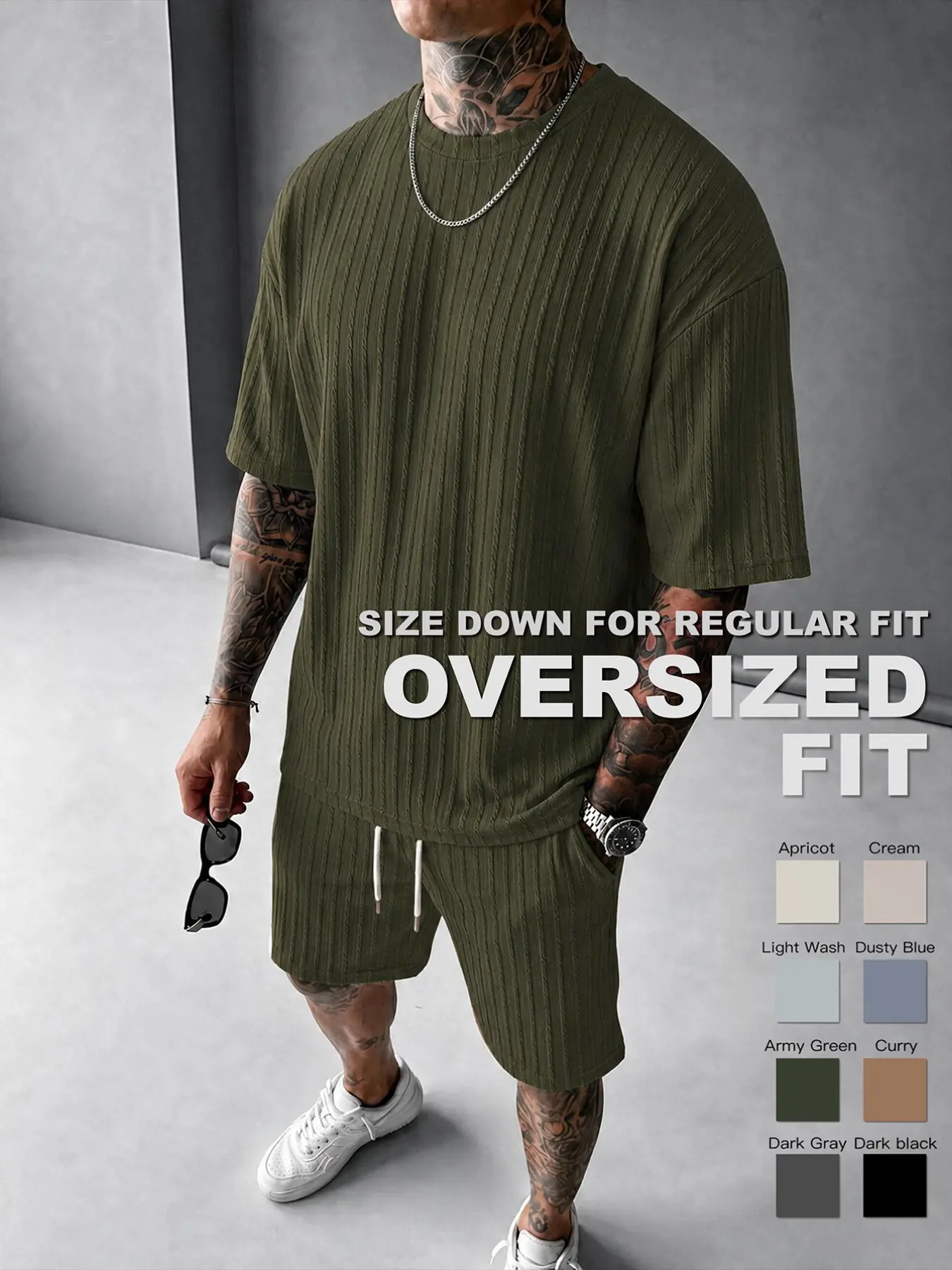 Men’s Loose Fit 2-Piece Summer Set, Oversized Textured Tee with Relaxed Fit Drawstring Shorts