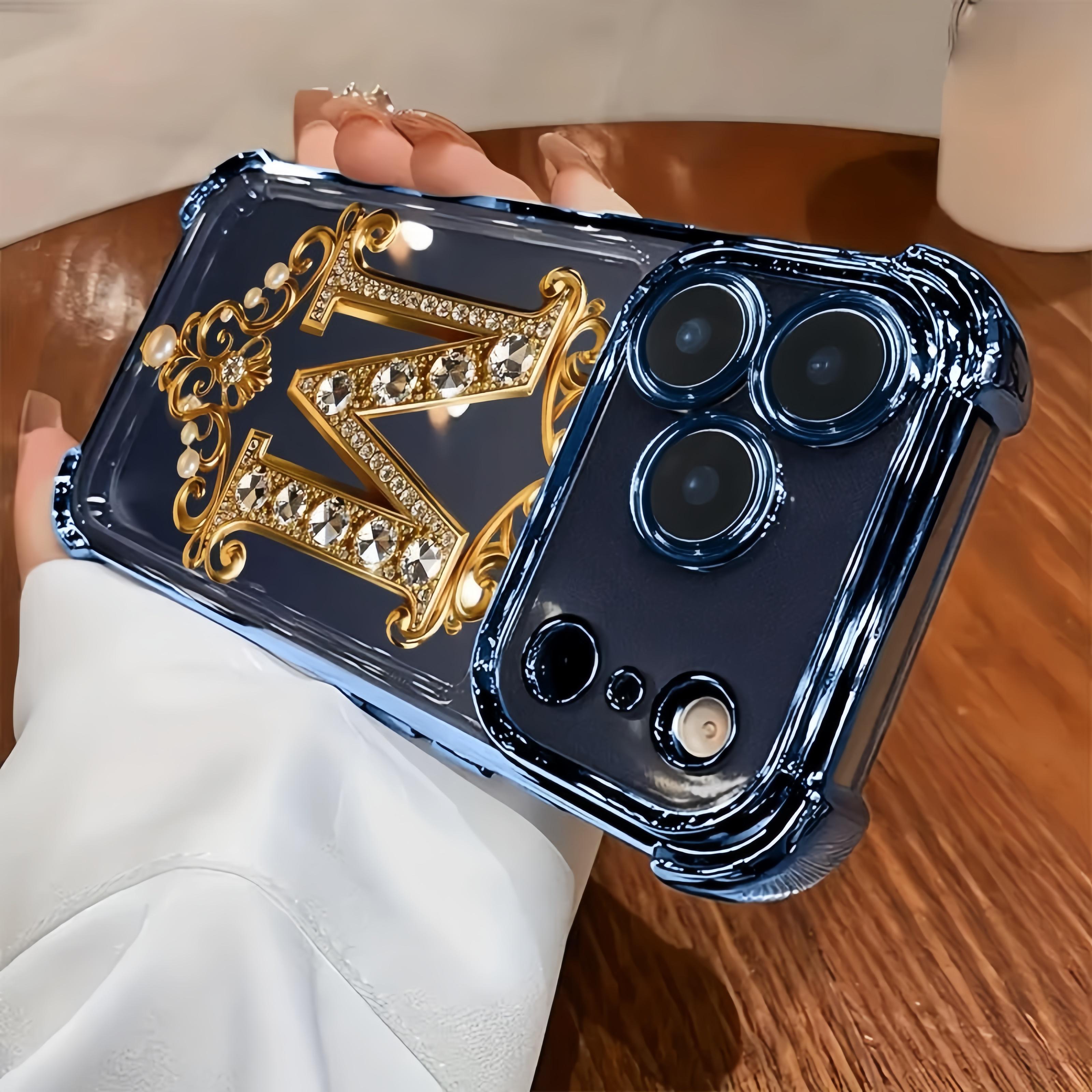 TPU Full-Coverage Lens Protective Cellphone Casing - Luxury Diamond & Gold "M" Design, Shockproof, Non-Slip, Multi-Model for iPhone 17,16,15,14,13,12,11,XS,X Series, Handheld Phone Accessory, Ideal Gift