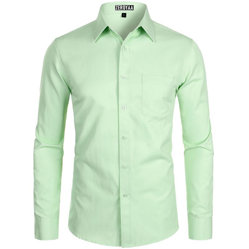 Zeroyaa Men's Long Sleeve Button Up Shirts Solid Slim Fit Casual Business Formal Dress Shirt with Pocket Menswear Korean summer outfits men funny shirts