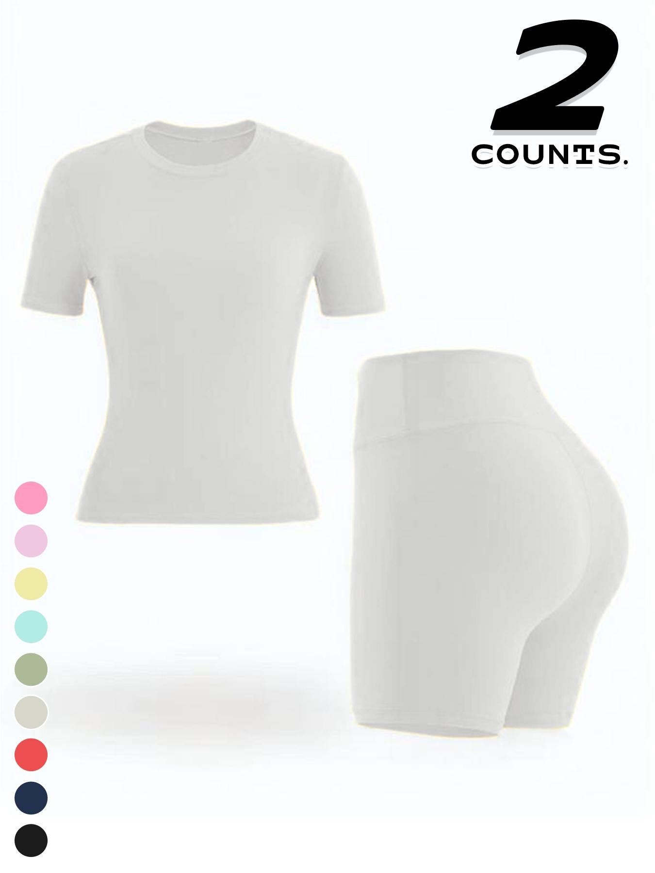 Women's Sport Yoga 2-Piece Set, Plain Short Sleeve T-Shirt and High Waist Shorts, Breathable Gym Running, All Seasons