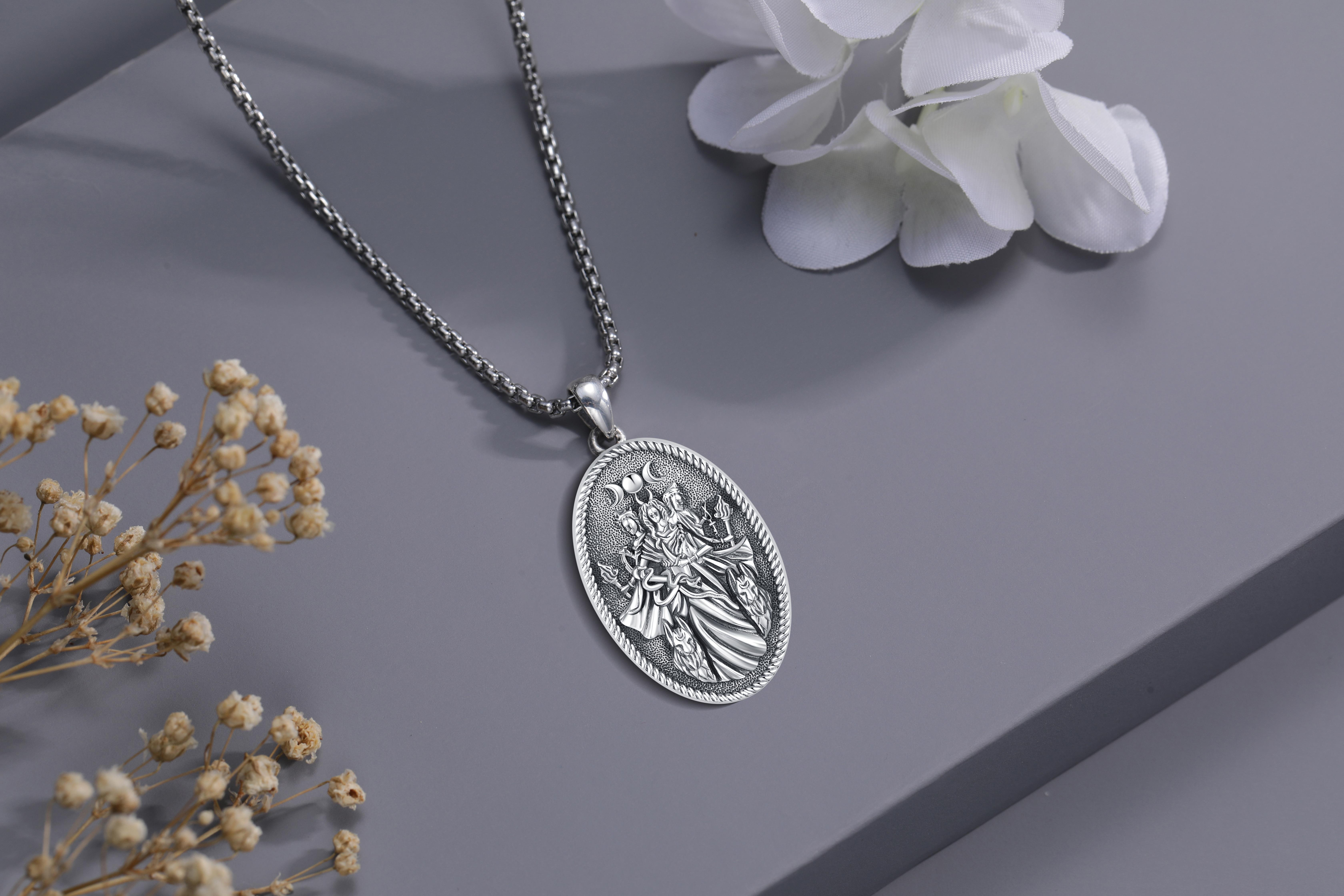DRINSPER Hecate Necklace 925 Sterling Silver Goddess of Witches of Magic Feminism Jewelry for Women Hekate Pendant Necklace Ancient Greek Mythology Night of Hekate The Ancient Origins of the Goddess of Witchcraft and Moon Amulet Jewelry