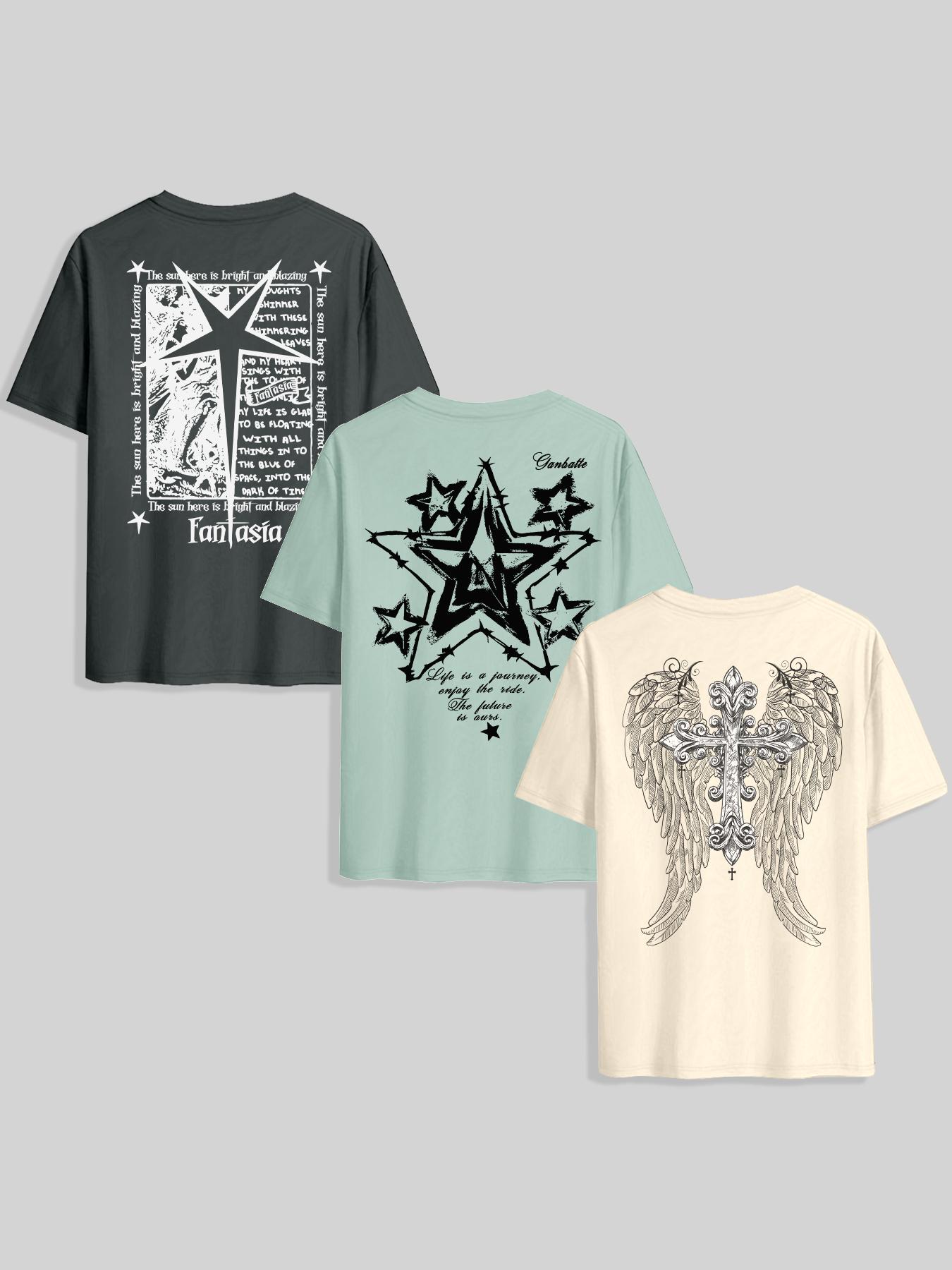 Men's Star & Letter & Wings Print Round Neck Knitted Tee, Regular Fit Casual Short Sleeve T-shirt, Men's Summer Top for Daily Wear