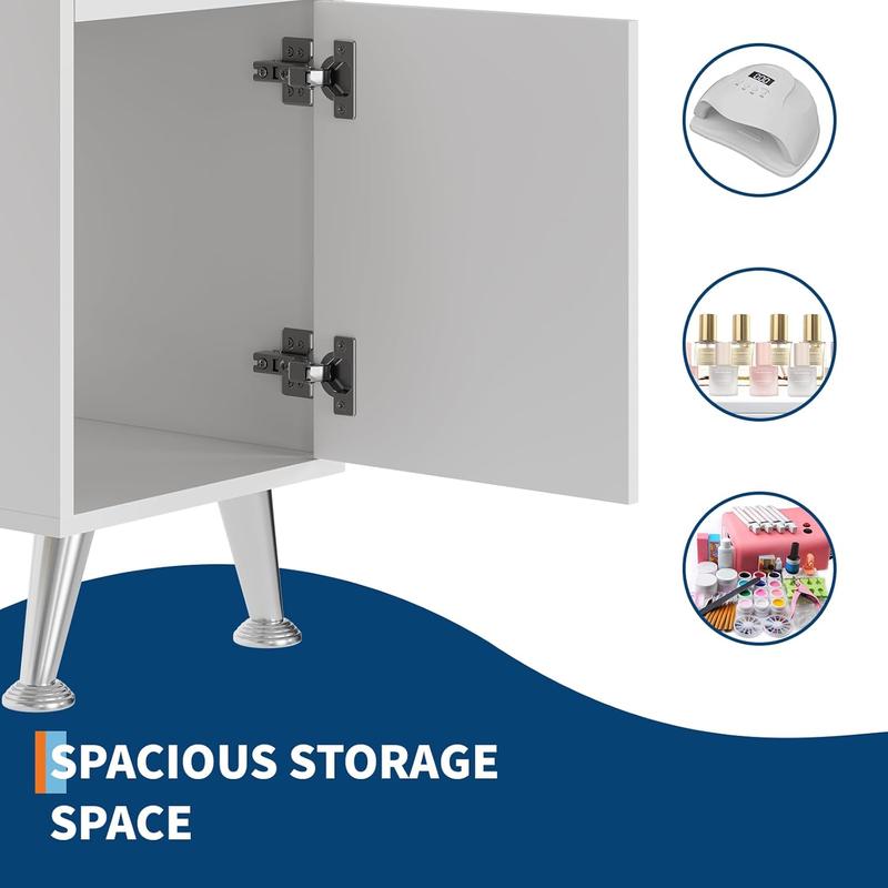 42.5 Inch Manicure Table, Nail Desk with Vertical Pull-Out Locker, 1 Storage Cabinet, 2 Drawers, 4-Tiers Open Shelves, Wrist Rest and Dust Collector, Nail Table Workstation for Beauty Salon