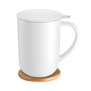 16 oz Porcelain Ceramic Tea Mug & Cup - Stainless Steel Infuser, Lid, Bamboo Coaster, Reusable, Washable, Dishwasher/Microwave Safe, Eco-Friendly - Ideal for Women’s Office/Drink Use, Gift Option Summerwins