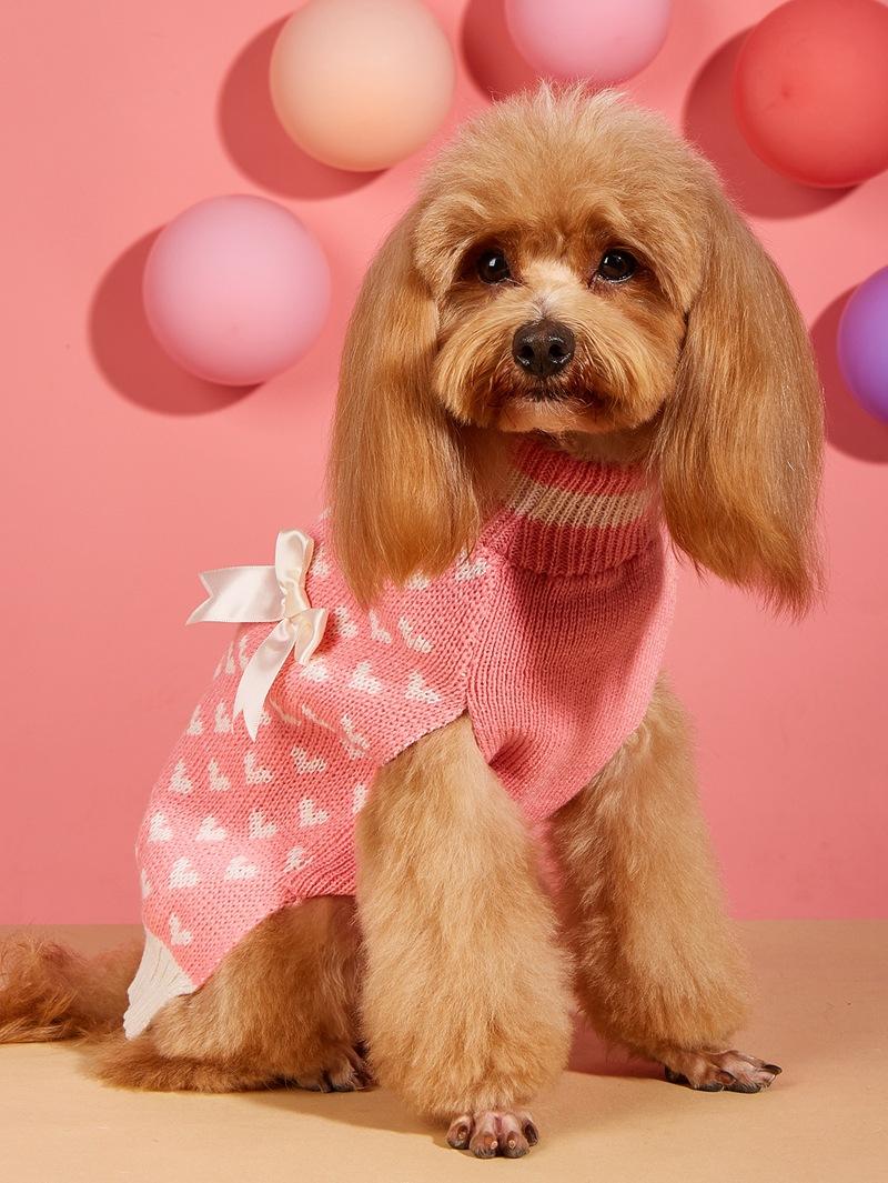 New Valentine's Day Knit High-Elasticity Round Neck Pink Red Lover Bow Heart Pattern French Bulldog Bichon Dog Sweater