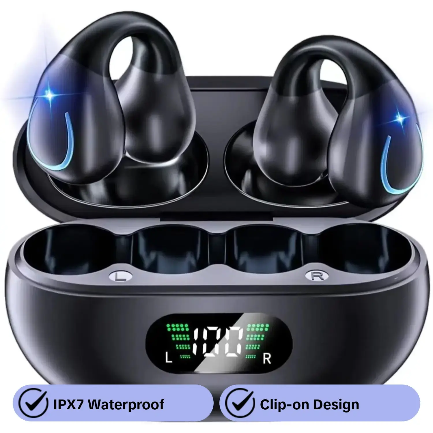 True Wireless Headphones, Clip-on Design Earbuds with Digital Display Charging Case, IPX7 Waterproof Sports BT 6.1 Noise Reduction Earphones for Running, Gym, Workout