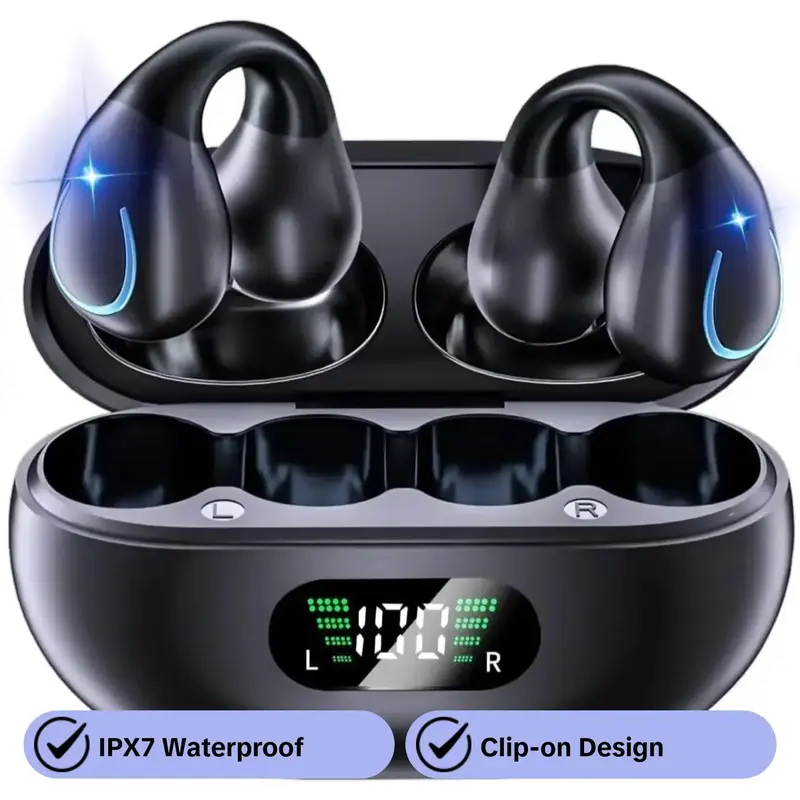 True Wireless Headphones, Clip-on Design Earbuds with Digital Display Charging Case, IPX7 Waterproof Sweatproof Earphones Sports BT 6.1 for Running, Gym, Workout
