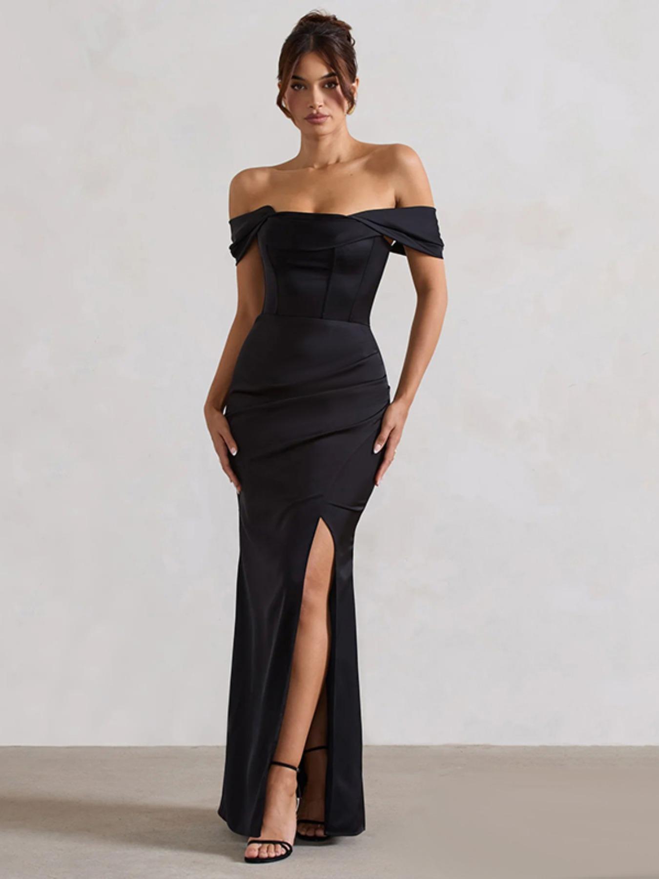 Elegant Satin Dress with Drop Shoulder Design, Waist Cinching & Split Thigh Detailing, Perfect for Special Occasions, Aesthetic