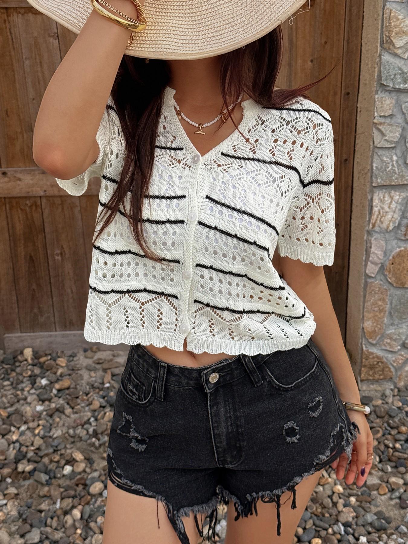 Summer Hollow Out Hoodie, Simple Striped Colorblock Short Sleeve Button Front Cardigan, Fashion Elegant Slim Fit Breathable Knit Top for Women