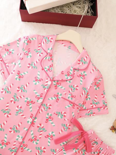 2 pieces of ladies' Christmas cane candy printed short sleeved shorts sleepwear set with buttons, collars, bows, suitable for comfortable and casual home wear in all seasons Pajama Set