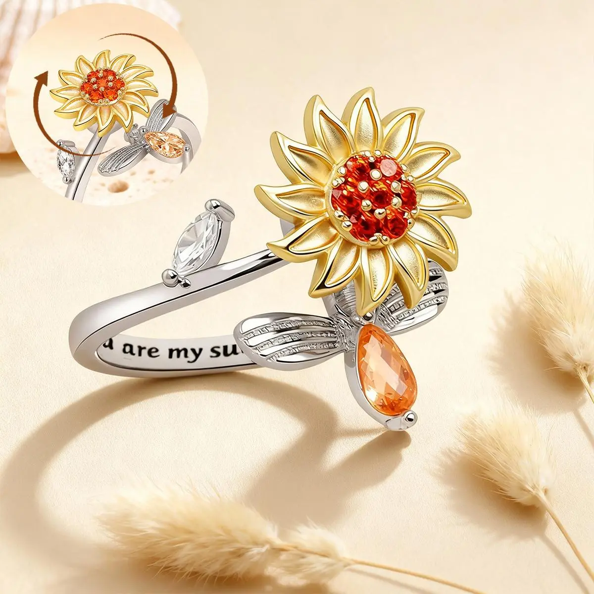 Sunflower Spinning Anxiety Relief Fidget Ring – You Are My Sunshine Engraved Finger Spinner Gift for Daughter, Valentine's Day Gift