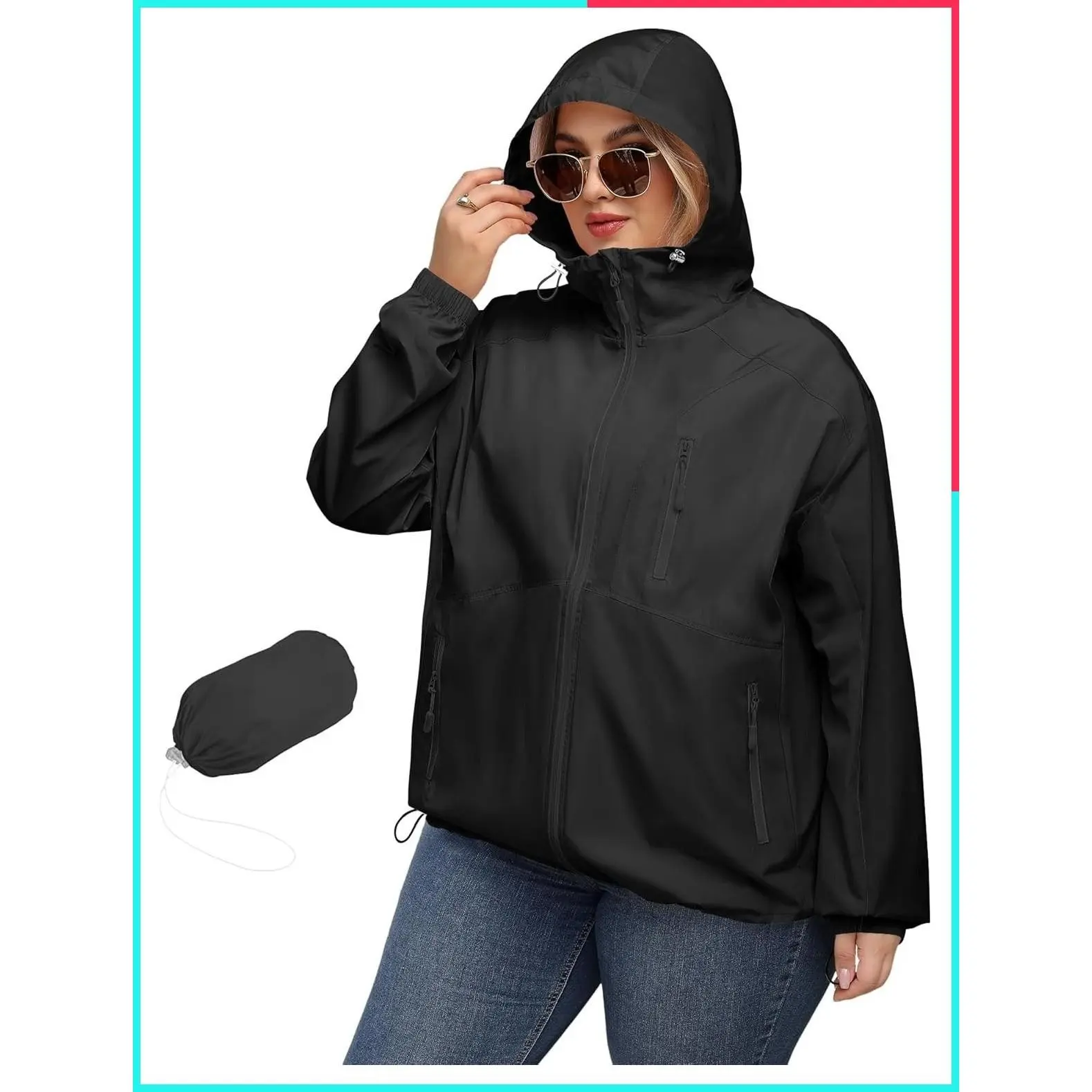 Plus Size Women's Waterproof Rain Jacket – Lightweight Packable Raincoat with Adjustable Drawstring Hood & Waist, Side Hand Pockets