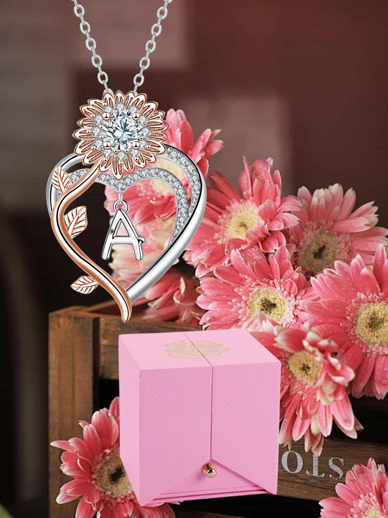Sunflower Initial Heart Necklace with Rose Jewelry Box, Letter Pendant for Women, Mother's Day Birthday Christmas Gift, Exquisite Jewelry Gift