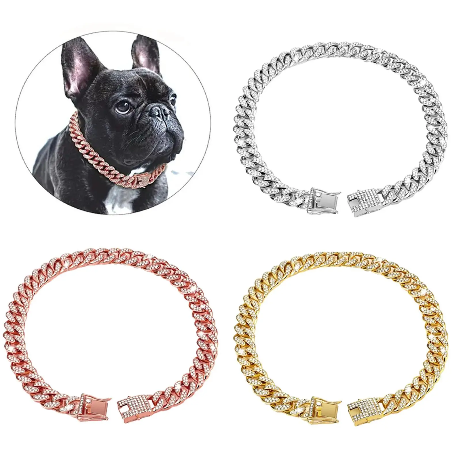 Dog Chain Diamond Cuban Collar Walking Metal Chain Collar with Design Secure Buckle, Pet Cat Cuban Collar Jewelry Accessories