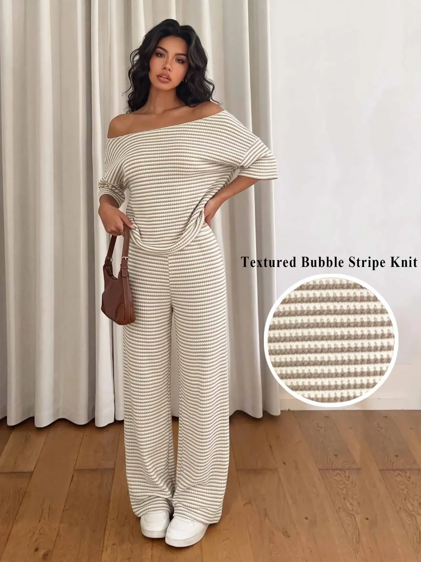 Women Textured Stripe Bubble Knit 2 Piece Outfit Set, Striped Off Shoulder Loose Slouchy Top & High Waist Wide Leg Pants, Casual Daily Lounge Vacation Matching Tracksuit, Trendy Co Ord Matching Set, Cute Relaxed Fit Outfit For Weekend Getaway And Street S