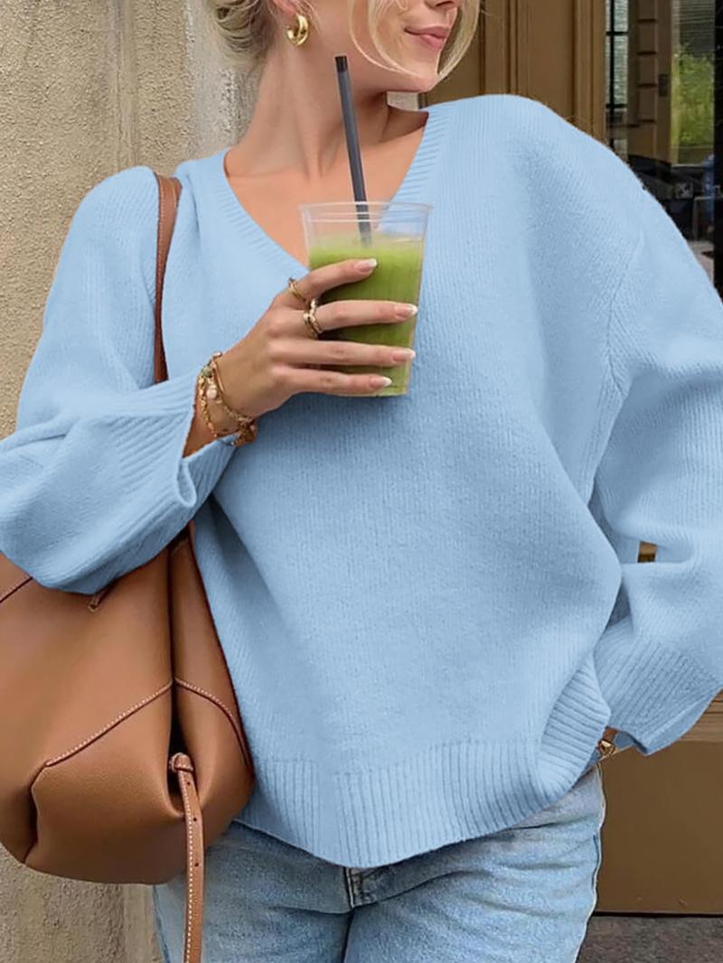 Pure Color Casual V-Neck Long Sleeve Loose Knit Sweater, Fitted Style for Fall, Comfortable and Stylish Women's Pullover
