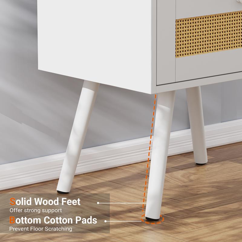 SUPERJARE Nightstands Set of 2, Night Stands with Charging Station & PE Rattan Decor Drawer, Bed Side Tables with Solid Wood Feet, End Table, for Bedroom, Living Room