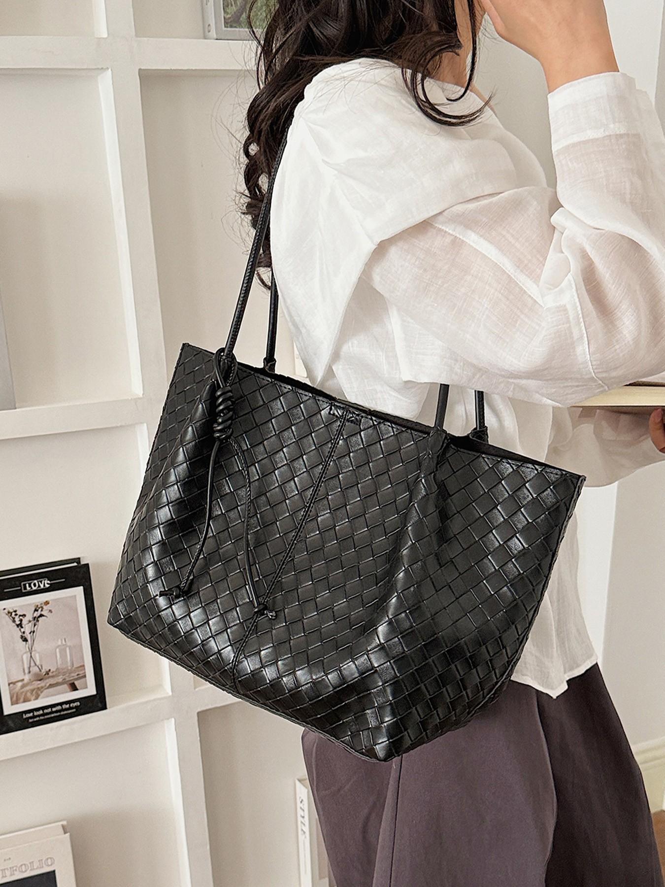 1pc Knitted pattern tote bag for women, large capacity diamond patterned shoulder bag, included with lazy and relaxed shopping bag, essential for women's commuting armpit bag