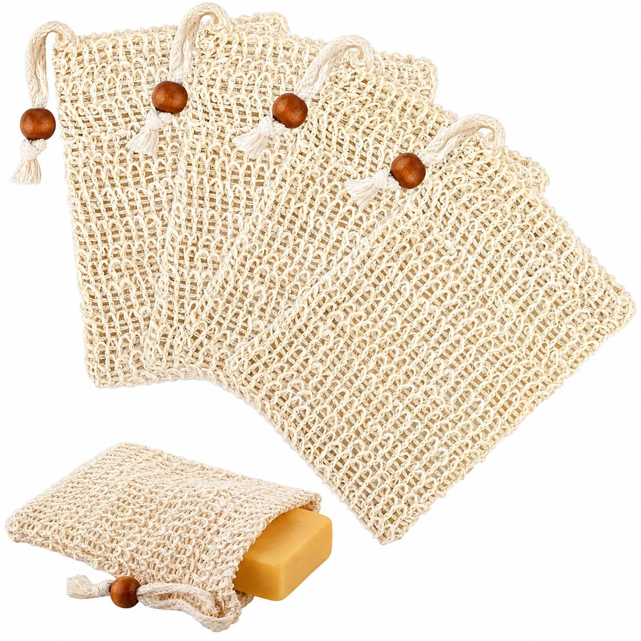 4-Pack Natural Sisal Bath Soap Bags, Plastic-Free Biodegradable Shower Scrubber Pouches - Gentle Exfoliation, Efficient Lathering Soap Cleansing, Quick Drying, Waste Reduction Set Pack, Accessories, Four Pieces