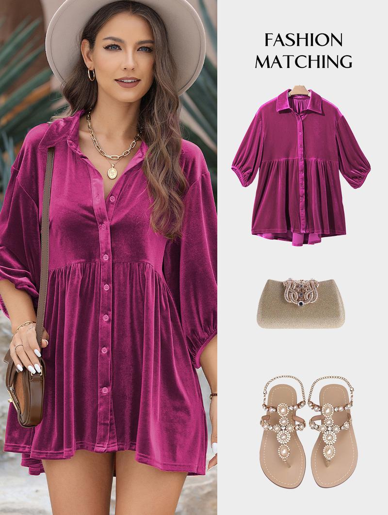 Asvivid Women Fall Fashion 3/4 Sleeve Button Front Velvet Tunic Babydoll Top | Perfect for Party Holiday Season
