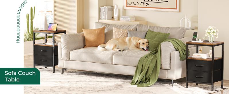 Huuger Nightstand with Charging Station, Side Table with Fabric Drawers, End Table with Open Shelf, Bedside Table with USB Ports and Outlets, Night Stand for Bedroom