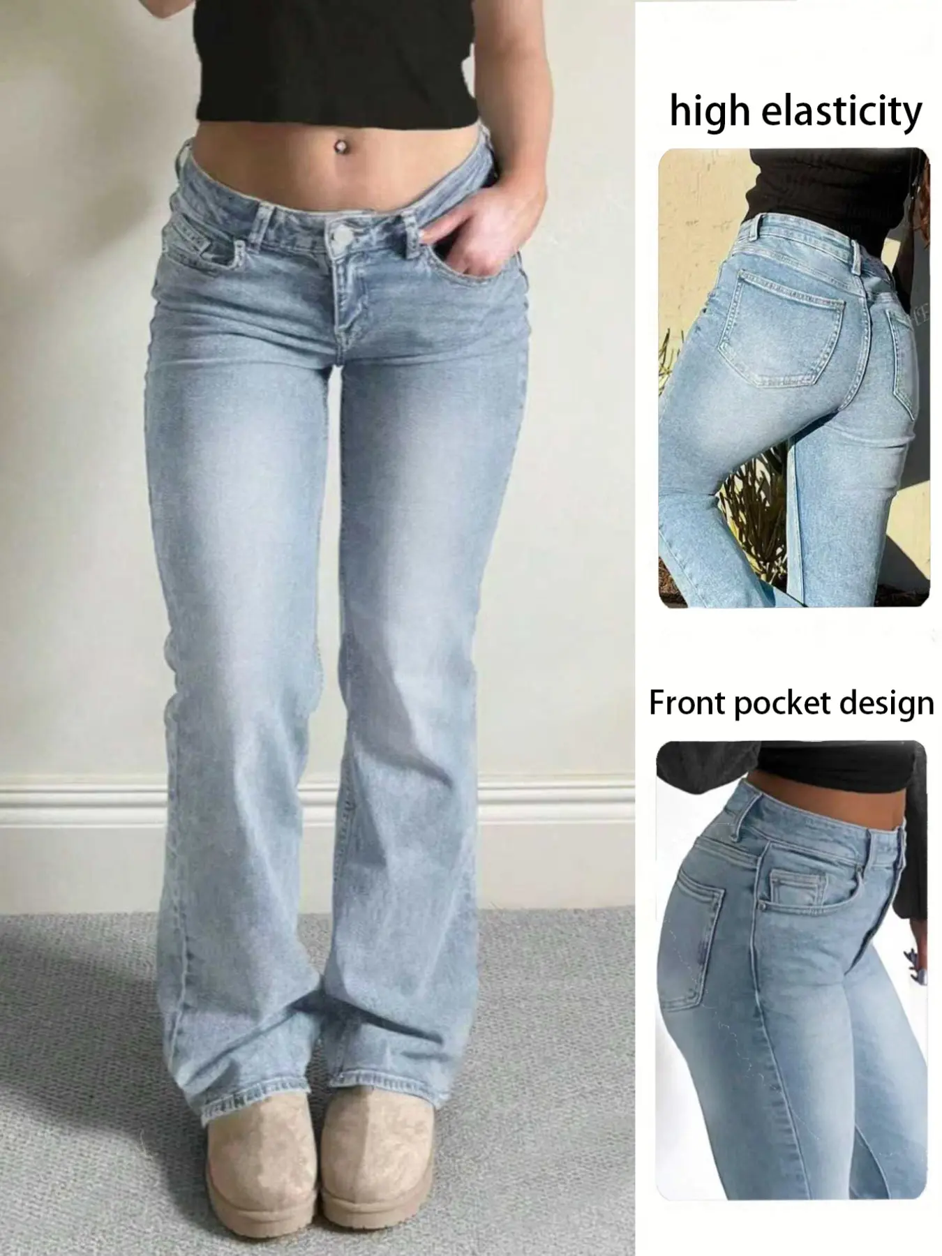 Women's Casual Fashion High Elastic Low Waist Bell Bottom Jeans, Comfortable Daily Wear, Stylish Long Pants for Everyday Use