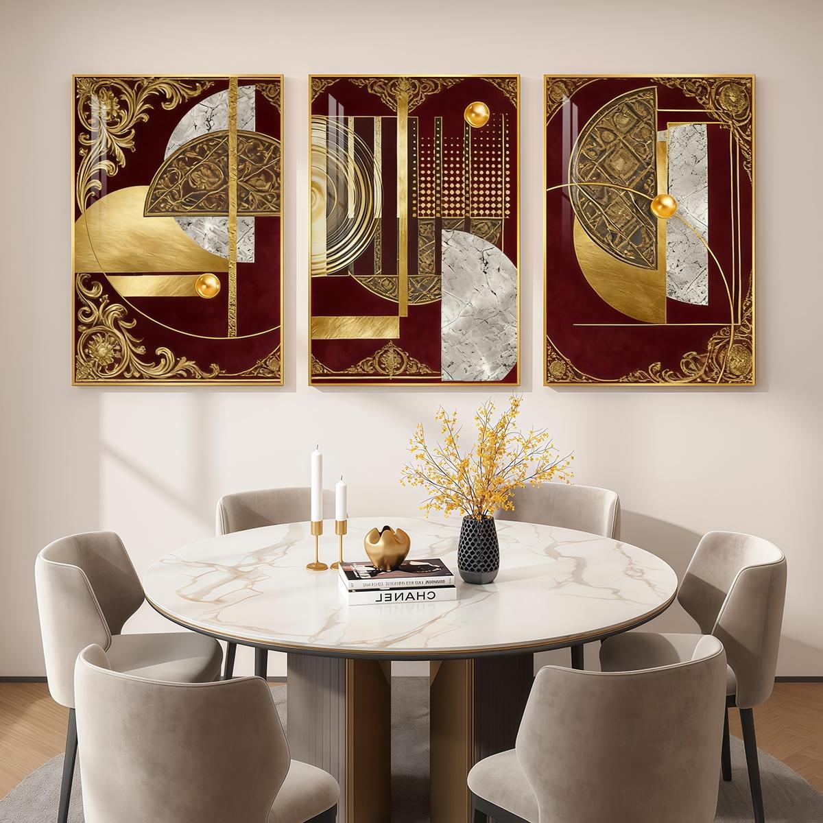 3 Counts Aluminum Alloy Framed Painting, Abstract Geometric Gold And Burgundy Art, Home Decoration For Living Room, Bedroom, Office, Restaurant, Hallway Wall Decor, Odorless Print Artwork, Luxury Perfect Gift For Friends And Family