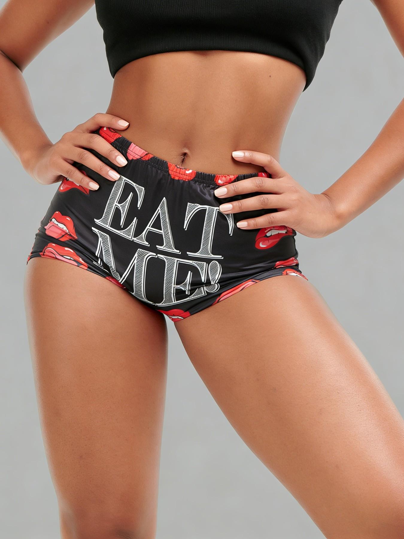 Women's All Over Letter & Lips Print Elastic Waist Shorts, Casual Comfy Breathable Graphic Print Shorts for Summer, Ladies Bottoms for Daily Wear
