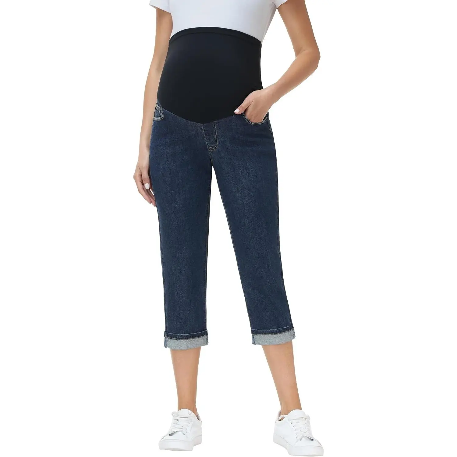 Women's Maternity Jeans Capri Cuffed Pregnancy Denim Capris | Over the Belly, Pockets, Stretchy Boyfriend Jean Capri, Roll-up Cropped Pants, Casual Summer Clothing