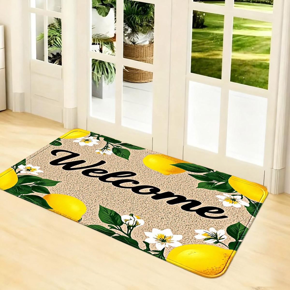1pc Welcome Lemon-Frame Solid Minimalist Flannel 100% Polyester ENTRANCE MAT, foyer/aisle/door light absorb light slip-safe, fold-flat space-save, fruit-lover flex lay, machine-wash gentle fade-free gift-ready