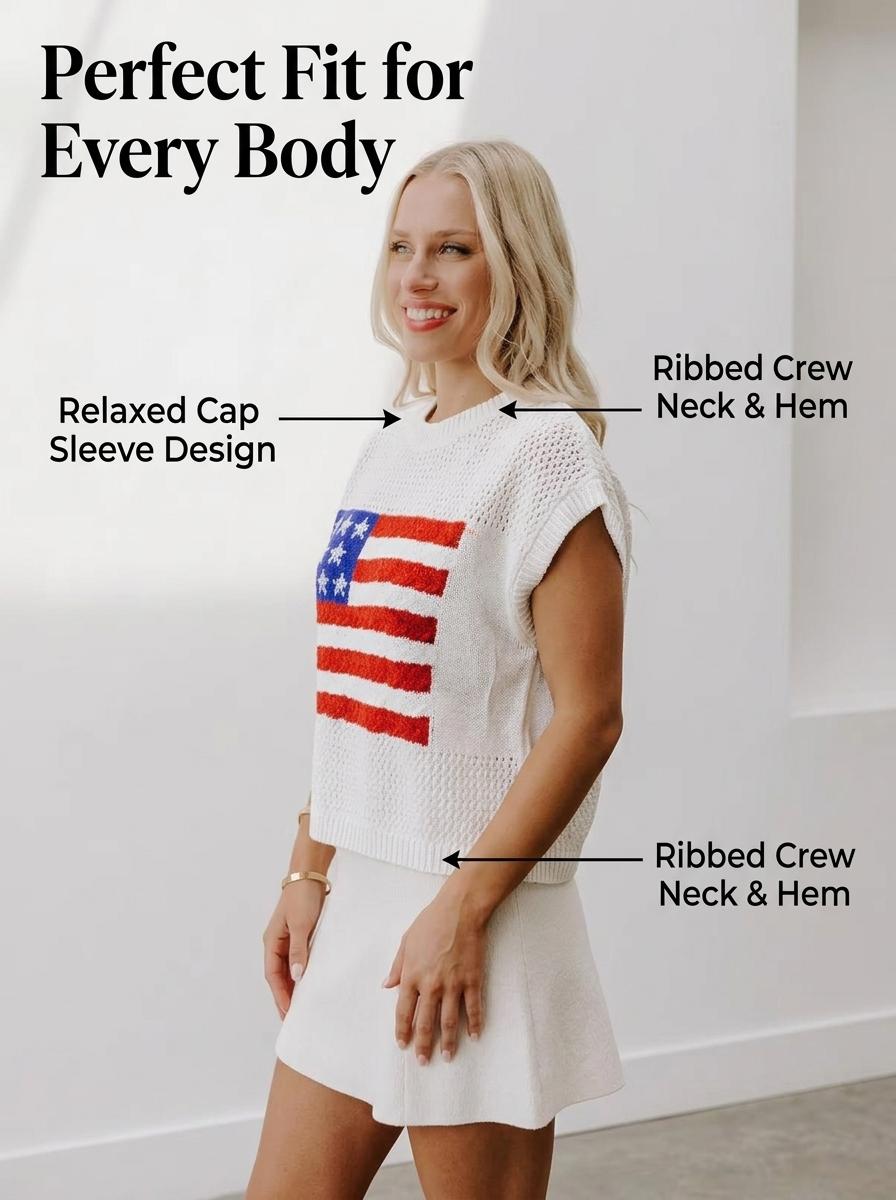 Yolabra American Flag Open-Knit Sleeveless Sweater Top Patriotic Star & Stripe Knit Dolman Cap Sleeve Blouse Casual Fourth Of July Flag Knit Sweater Vest Breathable Open-Knit Patriotic Summer Top Relaxed Fit American Flag Knit Pullover