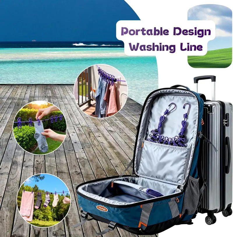 Stainless Steel Foldable Portable Travel Clothesline - 1.8m (5.9ft) Retractable Nylon Rope, 12 Adjustable Clips, Slip-Resistant Windproof Compact Fold Laundry Tool for Camping, Clothes Drying, Home Laundry Room Accessories