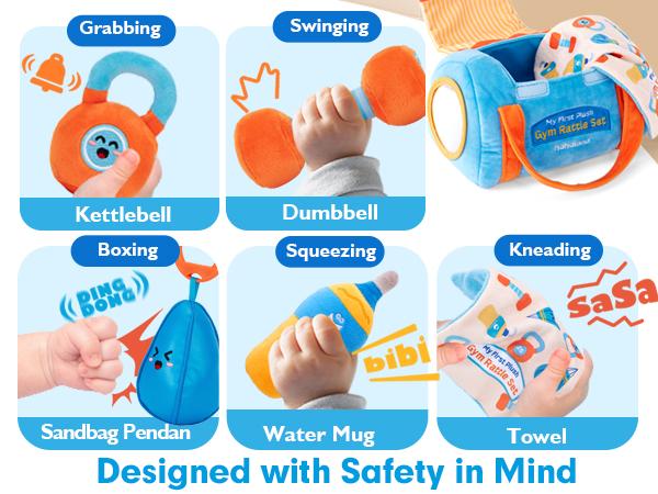 hahaland Plush Fitness Rattle Baby Toy Set: Sensory Workout Toy Collection with Dumbbell, Kettlebell, Hanging Punching Bag, Rattles, Crinkle Paper & Mirror ― Montessori Toys・Newborn Gifts for Boys & Girls Cloth Play