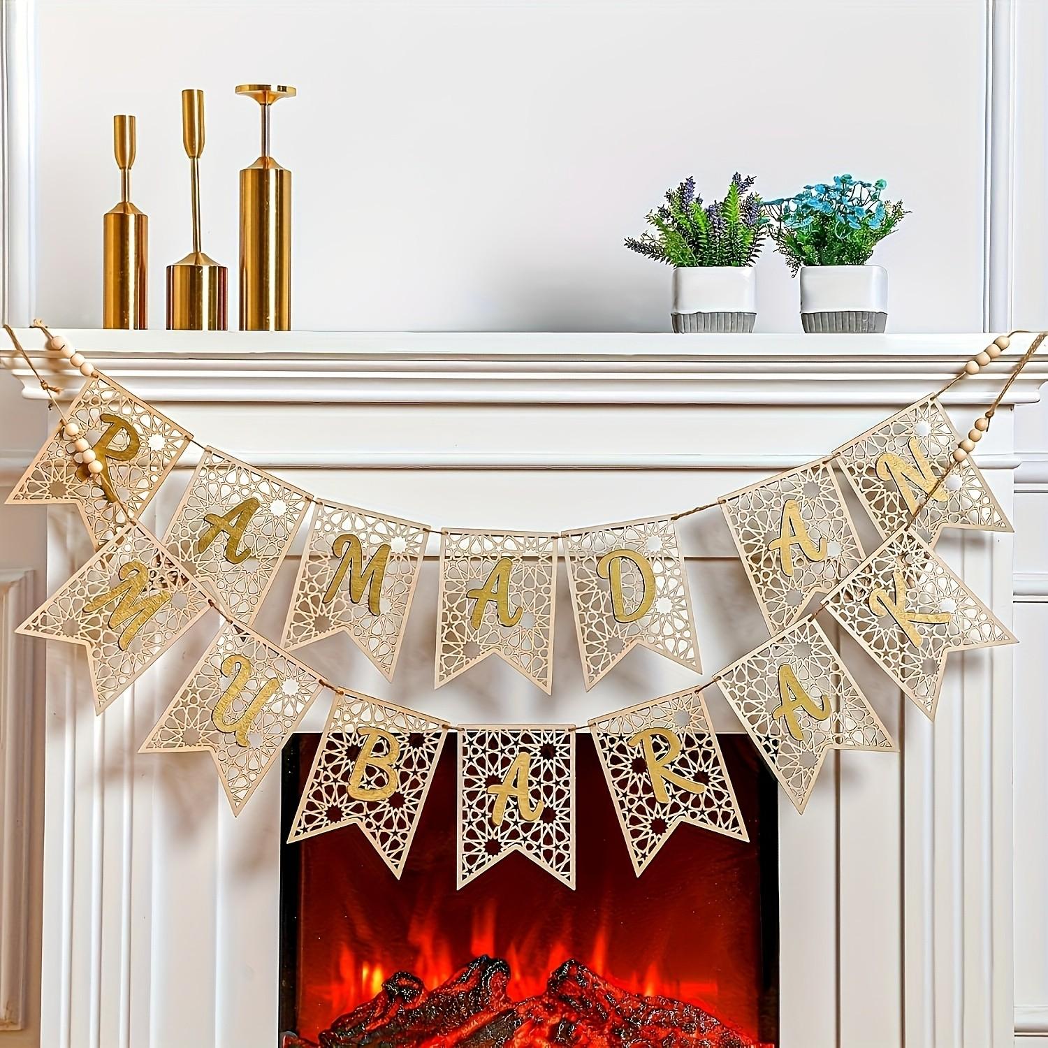 Eid Mubarak Wooden Banner Set, Festive Decoration with Bead Embellishments, Indoor & Outdoor Muslim Party Decor, Home Fireplace Display