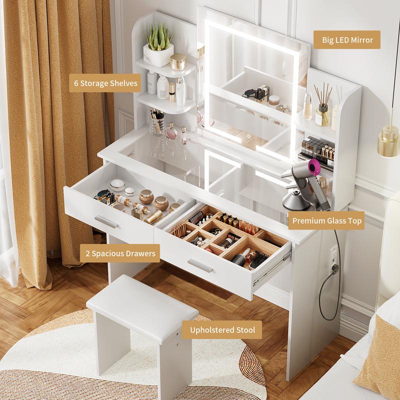 VOWNER Modern Makeup Vanity Desk with Lighted Mirror,2 Drawers,6 Storage Shelves and Cushioned Stool