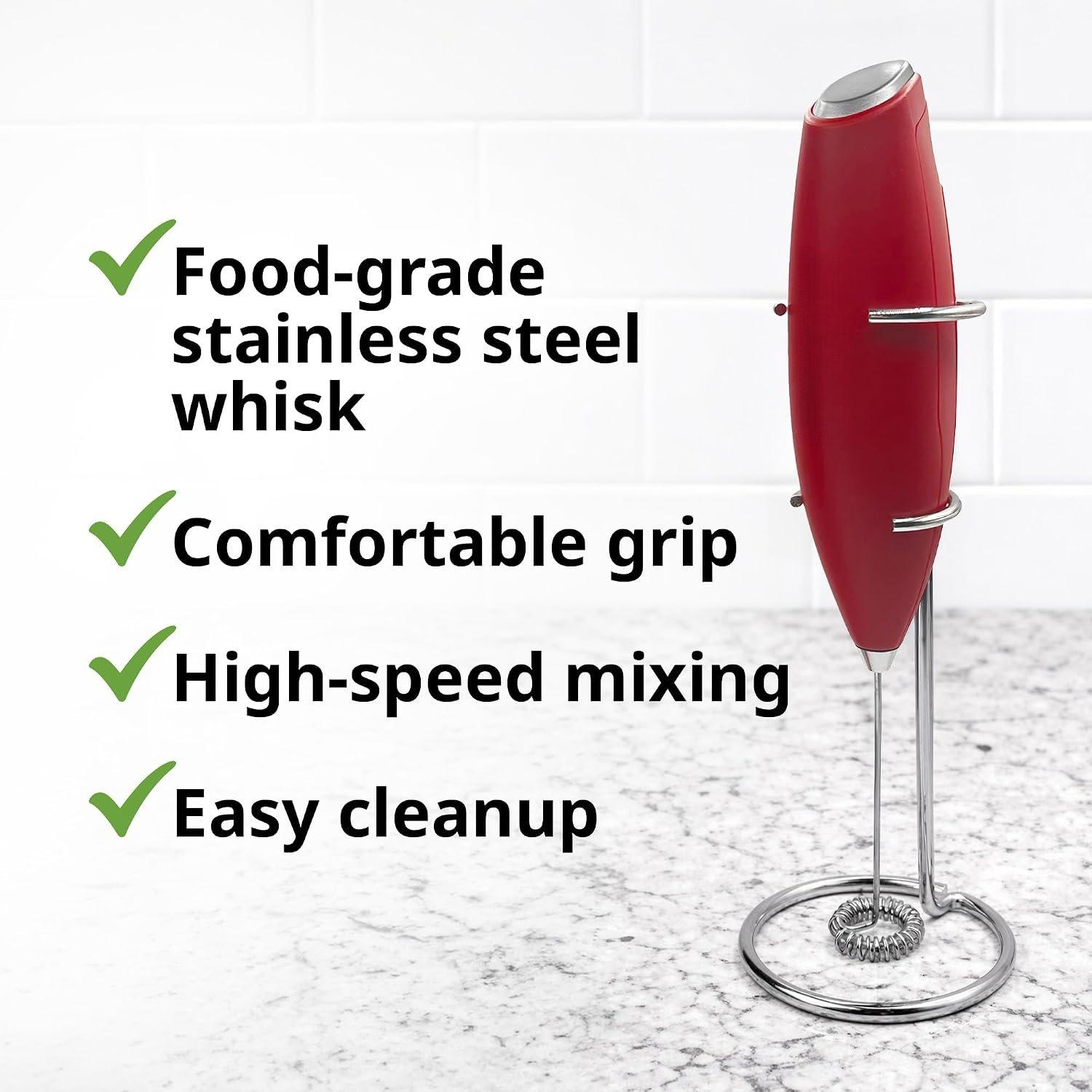 Electric Milk Frother for Matcha and Coffee, Handheld  Operated Drink Mixer with Stand, Stainless Steel Whisk, Red