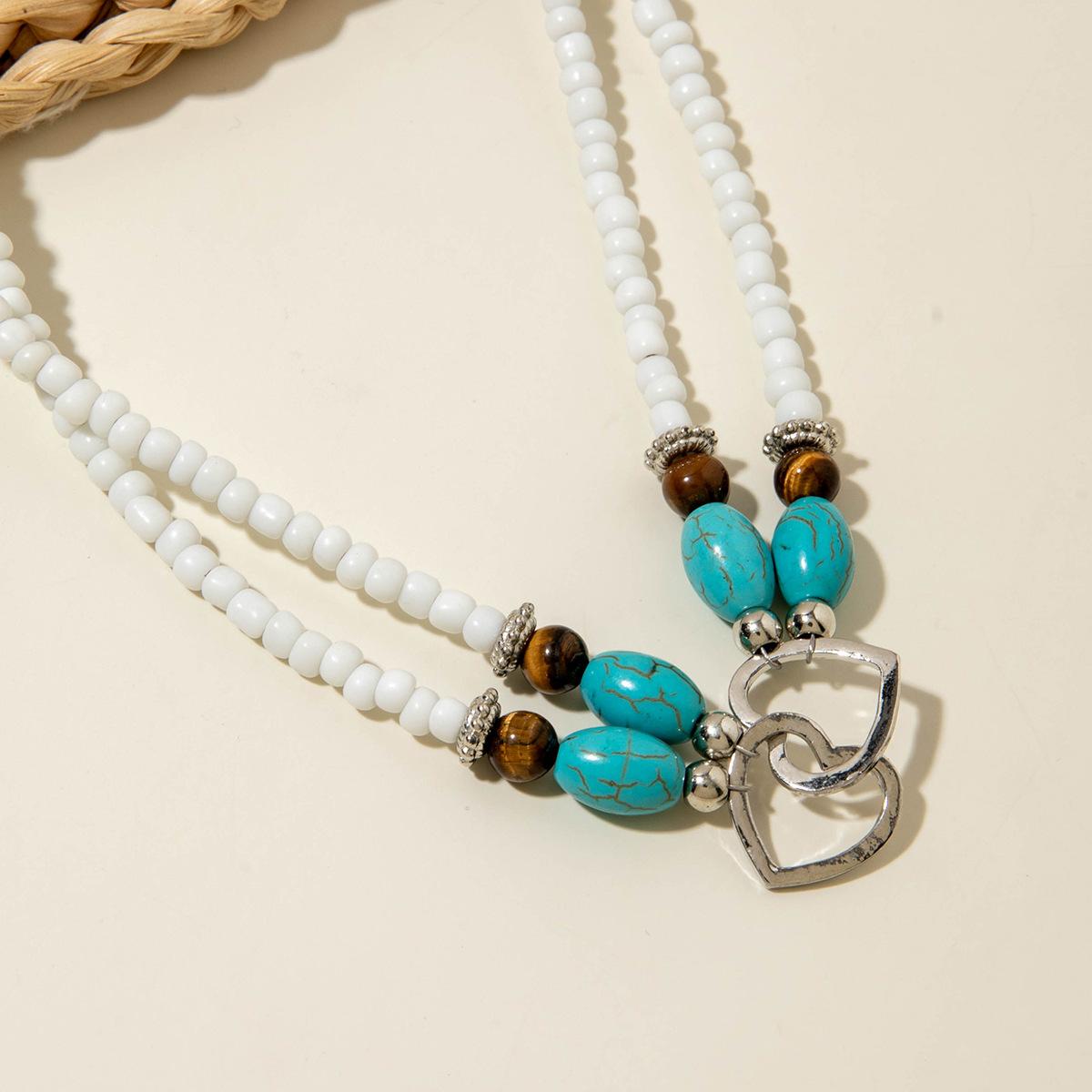 Boho Vacation Style Beaded Turquoise Jewelry Set, Metal Heart Jewelry, Elegant Accessories for Women, Perfect Gift Idea