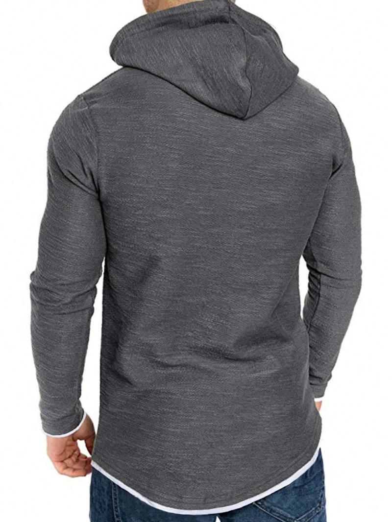 Men's Regular Fit Patched Drawstring Hoodie, Casual Fitted Long Sleeve Contrast Binding Sweatshirt for Spring & Fall, Fashion Men's Clothes for Daily Wear