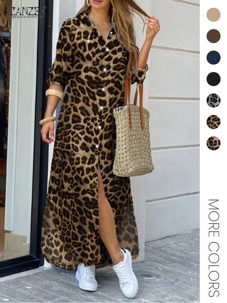 Women's Leopard Print Button Front Flap Pocket Shirt Dress, Casual Curved Hem Long Sleeve Collared Long Dress for Daily Wear, Ladies Clothes for All Seasons