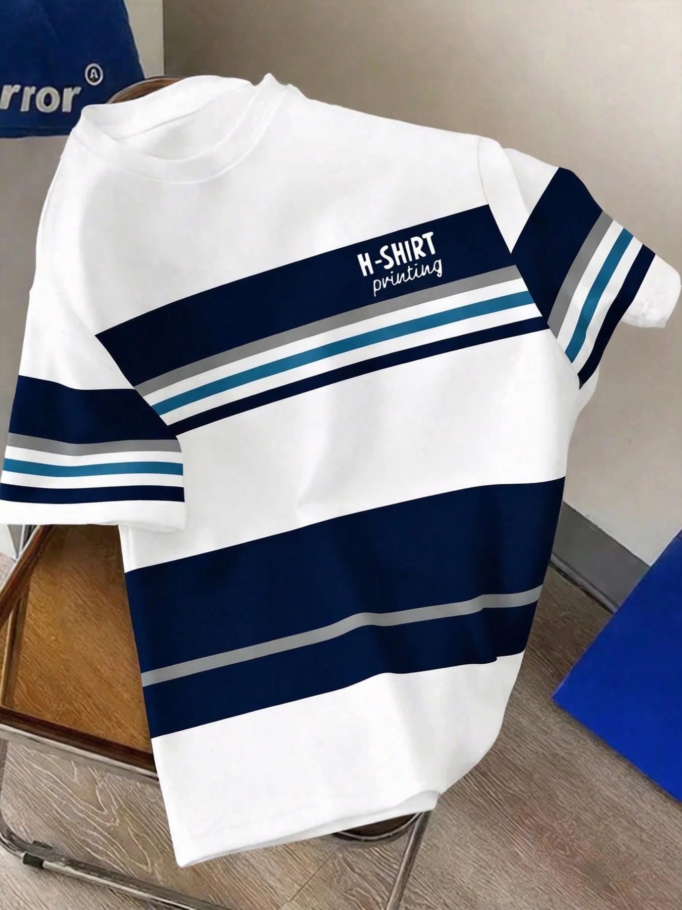 American Retro Colorblock Striped Letter Print Short Sleeve T-Shirt, Men's Summer Loose Casual Round Neck Top, Graphic Fitted Tee